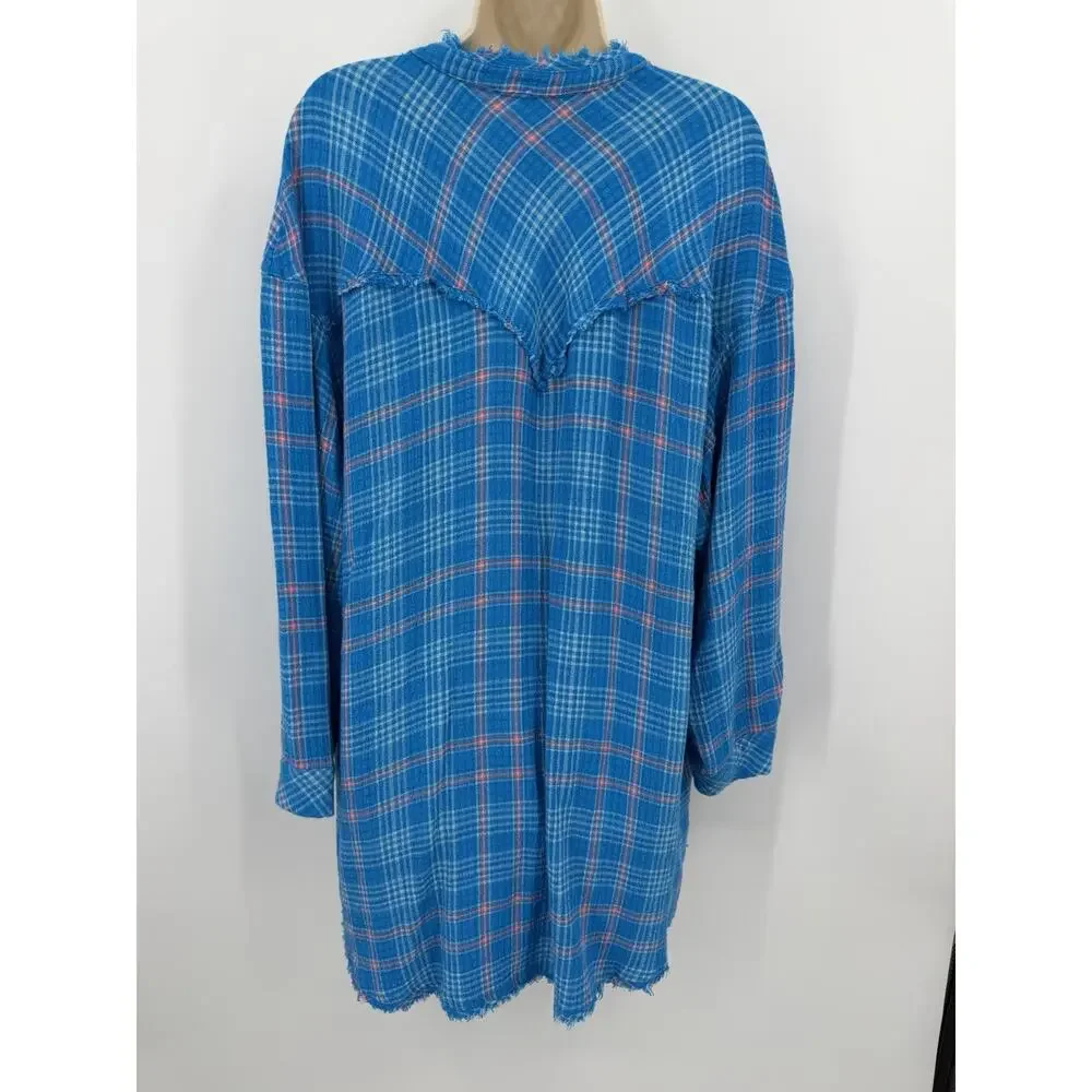 Free People Intimately Blue Plaid Long Sleeve PJ Top/Night Shirt Dress Large - Picture 7 of 12